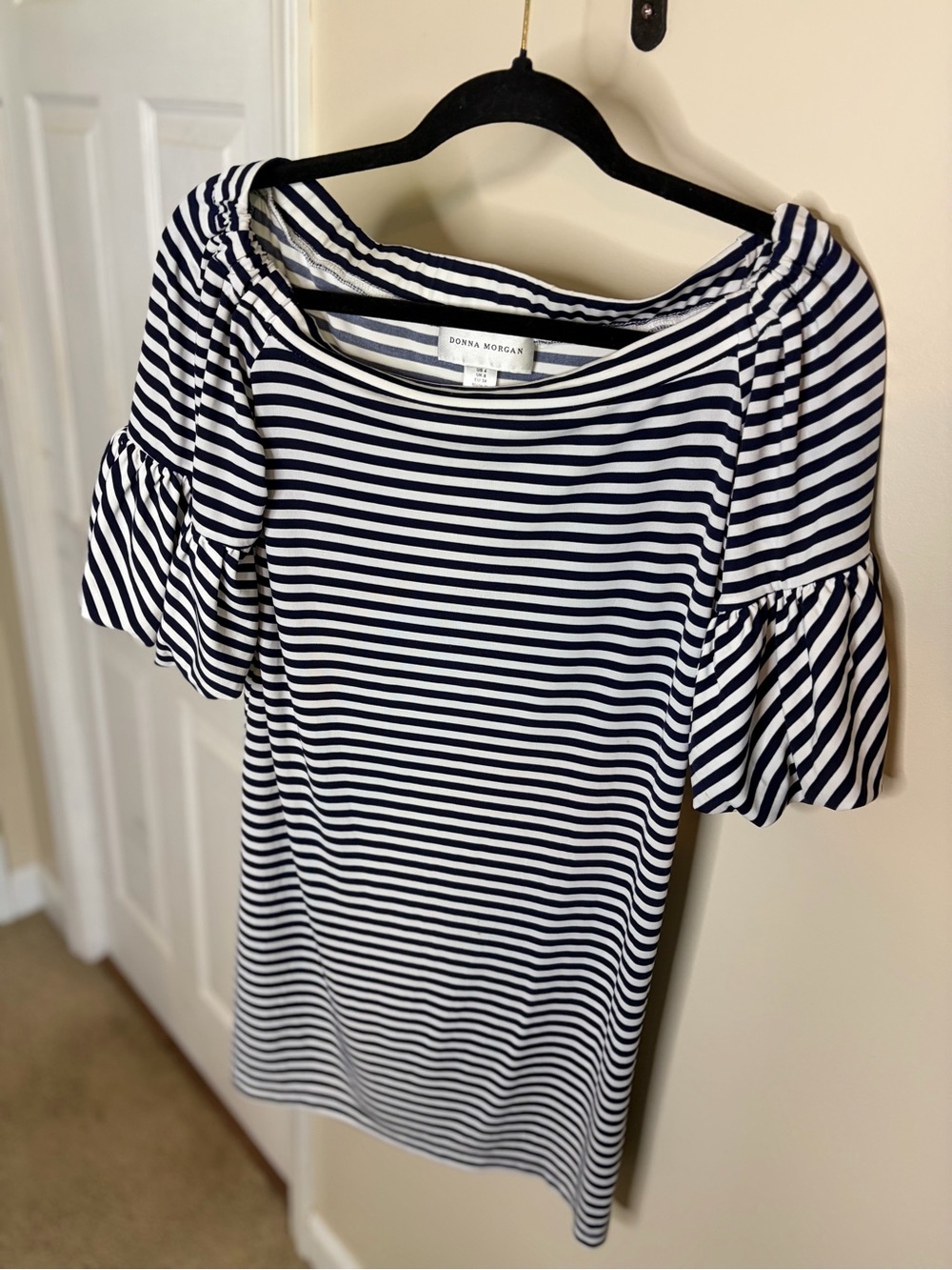 Donna Morgan Navy and White Striped Off-Shoulder Ruffle Sleeve Tunic Dress #1371